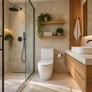 Illustrative full bathroom with shower, toilet and wash basin