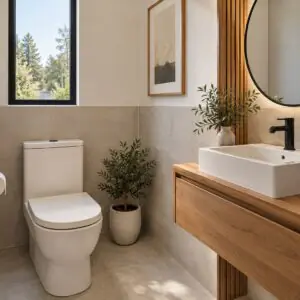 Illustrative half bathroom with toilet and wash basin